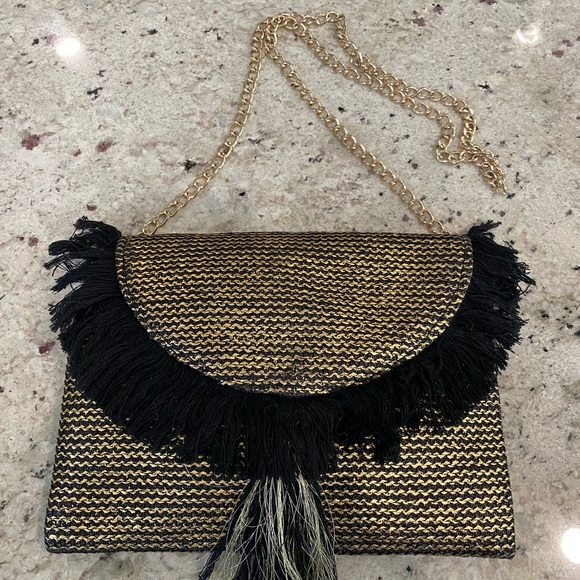Handbags - Gold and Black Woven bag. Tassel accents.